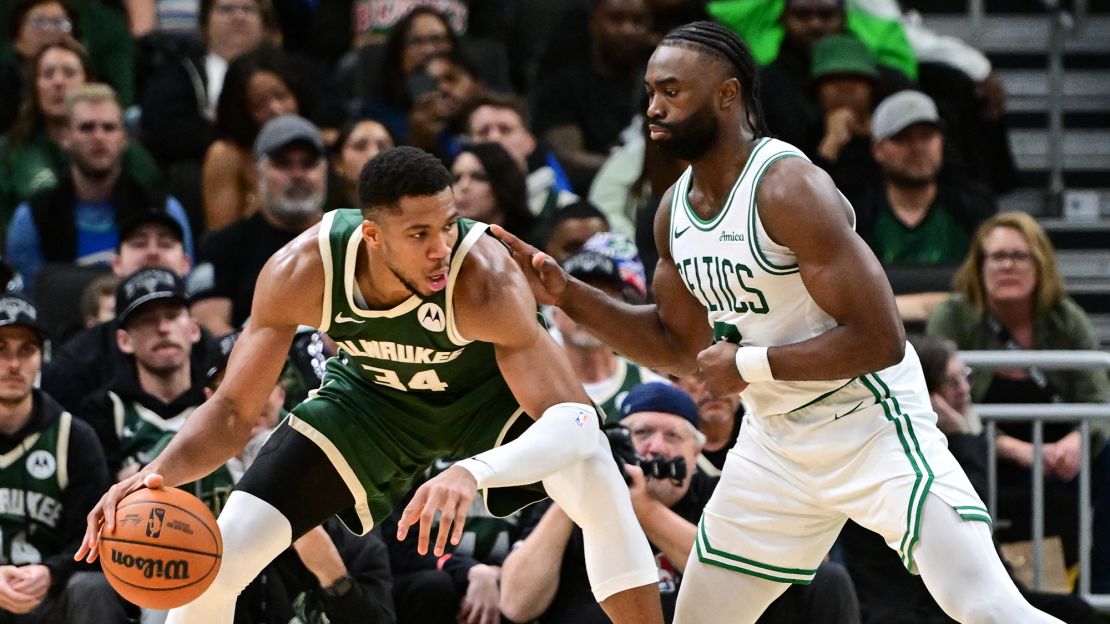 Antetokounmpo is guarded by Brown during the fourth quarter.