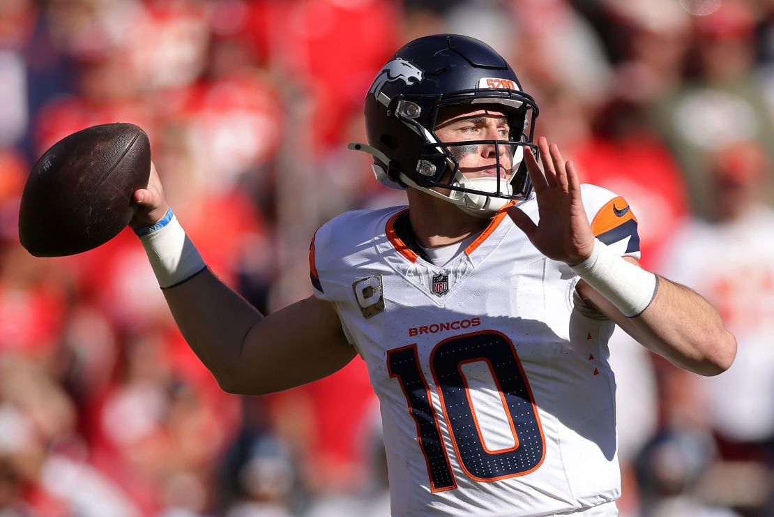 Denver Broncos quarterback Bo Nix looks to pass in the second quarter of a game against the Kansas City Chiefs at Arrowhead Stadium on November 10, 2024 in Kansas City, Missouri.