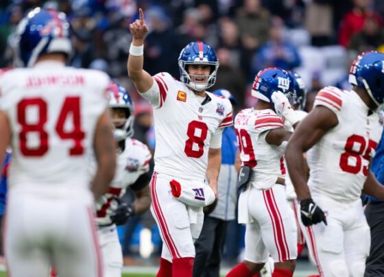 Nov 8, 2024; Munich, Germany; New York Giants quarterback Daniel Jones (8) during press conference at the FC Bayern Munchen training grounds at Sabener Strasse. Mandatory Credit: Kirby Lee-Imagn Images