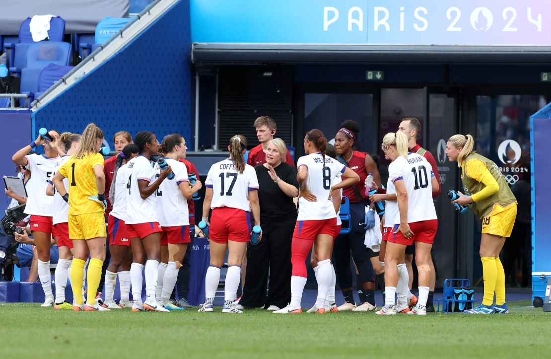 Hayes speaks to her players during the women's semifinal against Germany at the Paris Olympics.