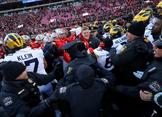 Michigan celebrates go-ahead field goal against Ohio State.