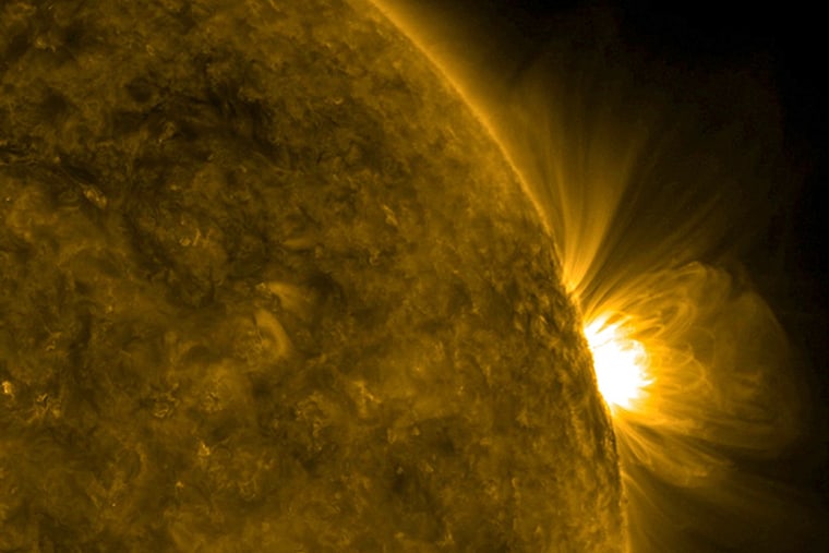 Giant, bright coronal loops trace out the magnetic field lines above an active region.