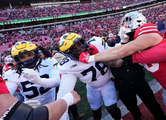 Ohio State cornerback Miles Lockhart tries to grab the Michigan flag as the teams fight on the field.