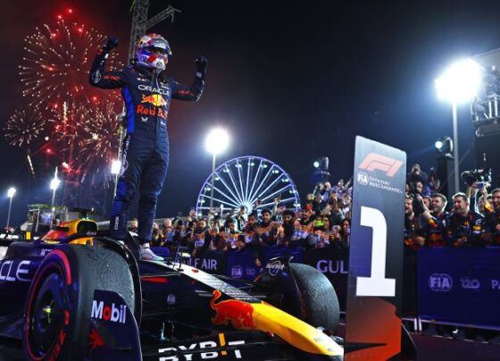 Verstappen celebrates after winning the São Paulo Grand Prix in Brazil.