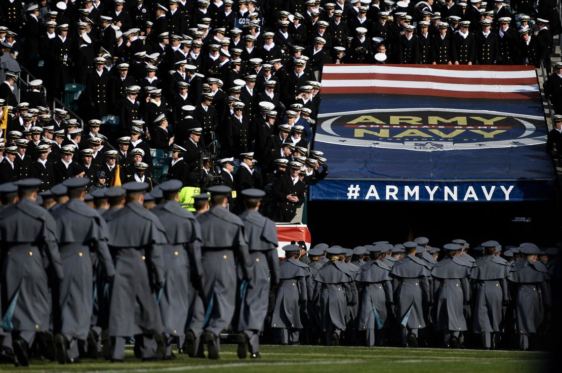 Navy Cadets taunt Army Cadets as they retreat from the field before the start of the game at Lincoln Financial Field on December 8, 2018 in Philadelphia. 