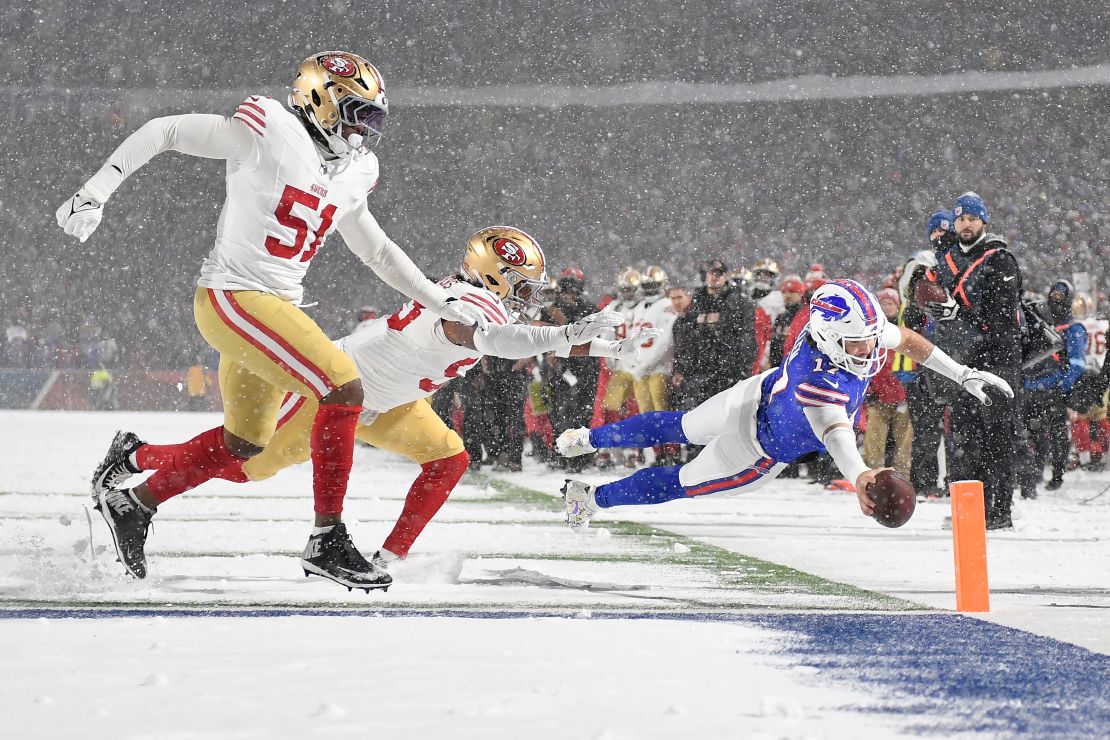 Allen dives for a touchdown against the San Francisco 49ers on December 1 in Orchard Park, New York.