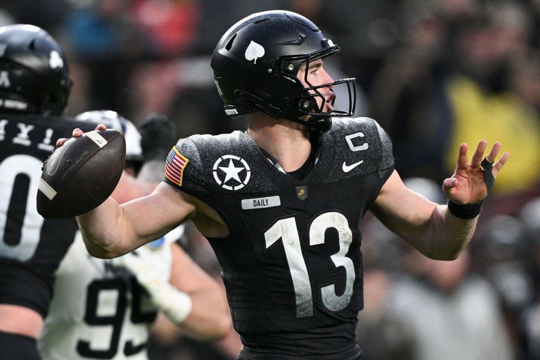 Army quarterback Bryson Daily (No. 13) threw one touchdown and three interceptions on Saturday.