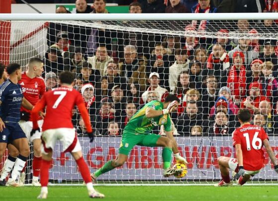 Emiliano Martinez looks on during the match against Nottingham Forest.