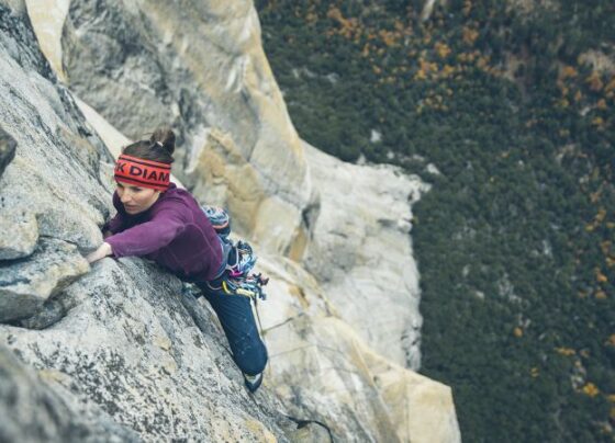 Zangerl and her partner, Jacopo Larcher, rest in a tent on El Capitan.