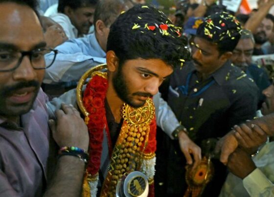 Students at Gukesh Dommaraju's school in Chennai celebrate after Gukesh became the youngest ever World Chess Champion.