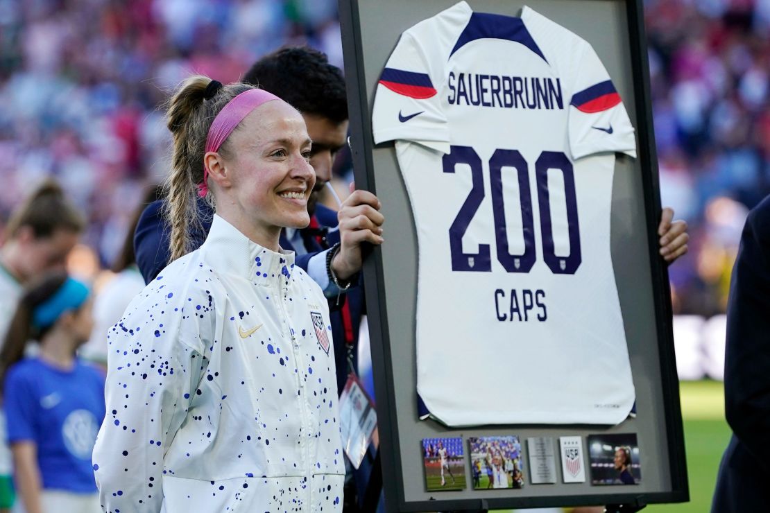 Becky Sauerbrunn is honored on her 200th match before the start of an international friendly against Ireland in St. Louis, Missouri, on April 11, 2023.