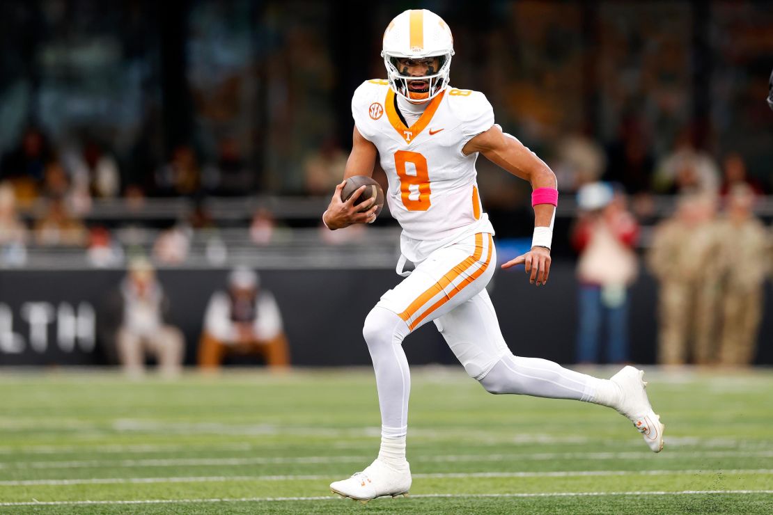 Nico Iamaleava of the Tennessee Volunteers runs the ball during the second half of the game between the Vanderbilt Commodores and the Tennessee Volunteers at FirstBank Stadium on November 30, in Nashville.