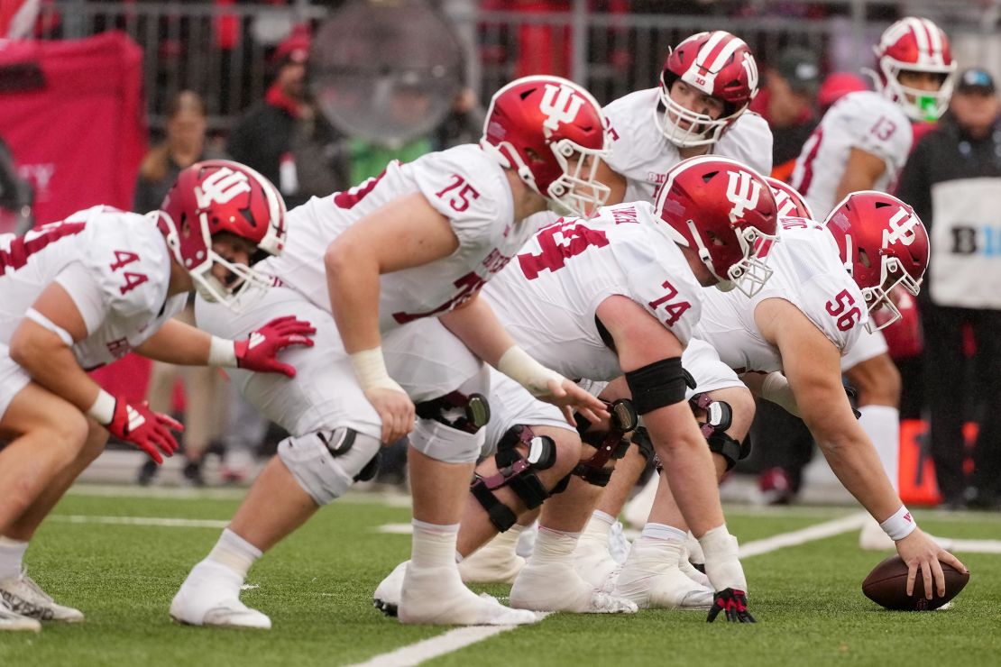 The Indiana Hoosiers offensive line lines up for a play in the second quarter against the Ohio State Buckeyes at Ohio Stadium on November 23 in Columbus.