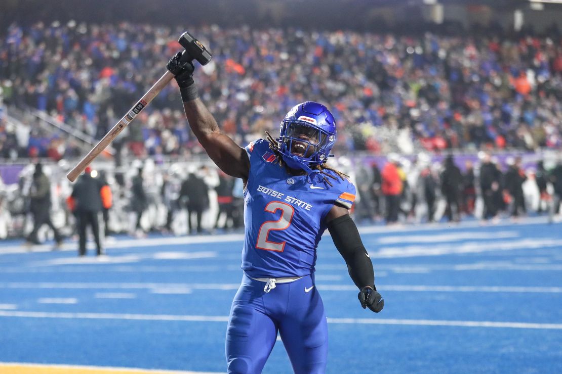 Boise State running back Ashton Jeanty fires up the crowd prior to the start of the Mountain West Championship against the UNLV Rebels at Albertsons Stadium on December 6 in Boise, Idaho.