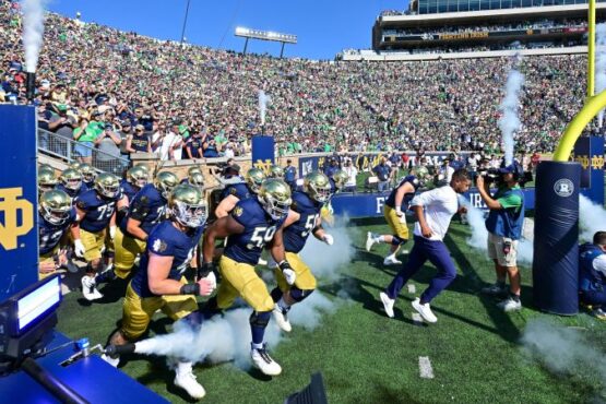 Notre Dame quarterback Riley Leonard, left, and Indiana quarterback Kurtis Rourke in action.