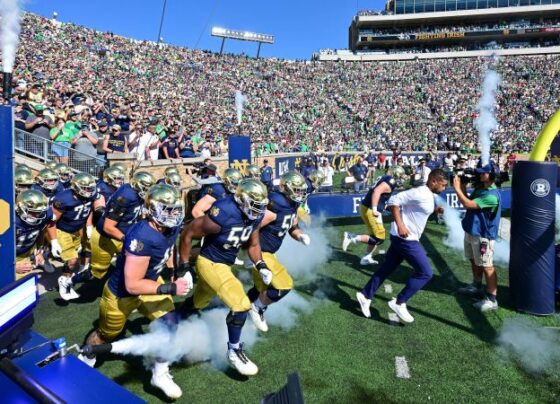 Notre Dame quarterback Riley Leonard, left, and Indiana quarterback Kurtis Rourke in action.