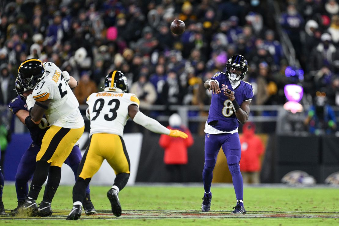 Baltimore Ravens quarterback Lamar Jackson throws a pass during the first half against the Pittsburgh Steelers in Baltimore on Saturday, December 21.