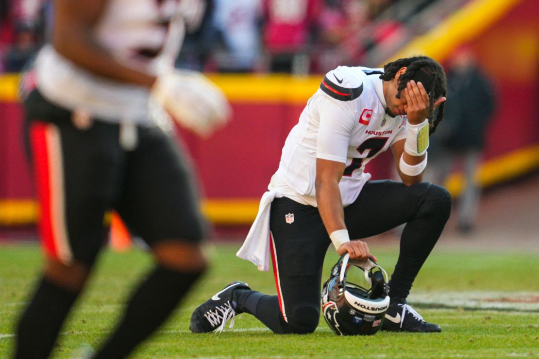 Houston Texans quarterback C.J. Stroud reacts after an injury to wide receiver Tank Dell .