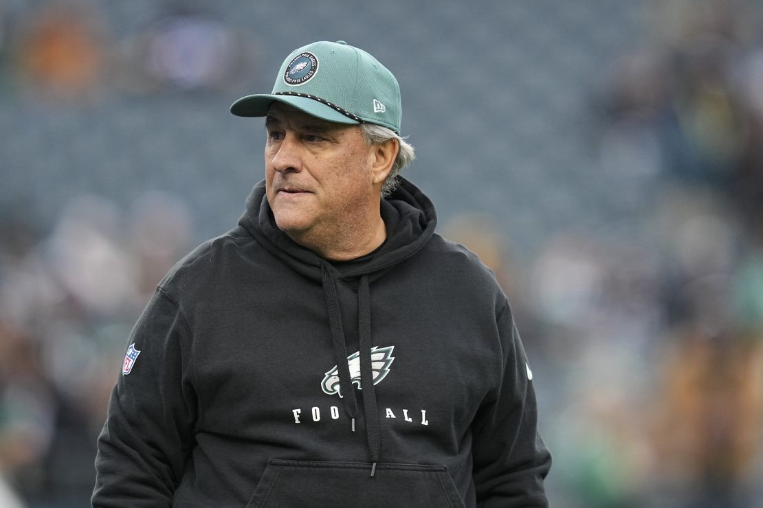 Defensive coordinator Vic Fangio of the Philadelphia Eagles looks on against the Pittsburgh Steelers.