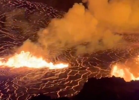 In this aerial photo provided by the U.S. Geological Survey, an eruption takes place on the summit of the Kilauea volcano in Hawaii, Monday, Dec. 23, 2024.