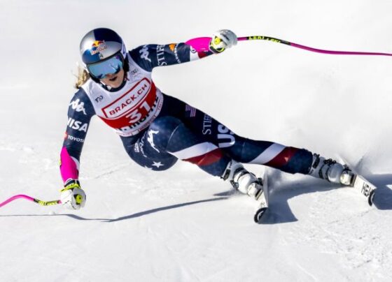 Lindsey Vonn takes a selfie in the finish area after completing an alpine ski, women's World Cup super G, in St. Moritz, Switzerland, on December 21, 2024.