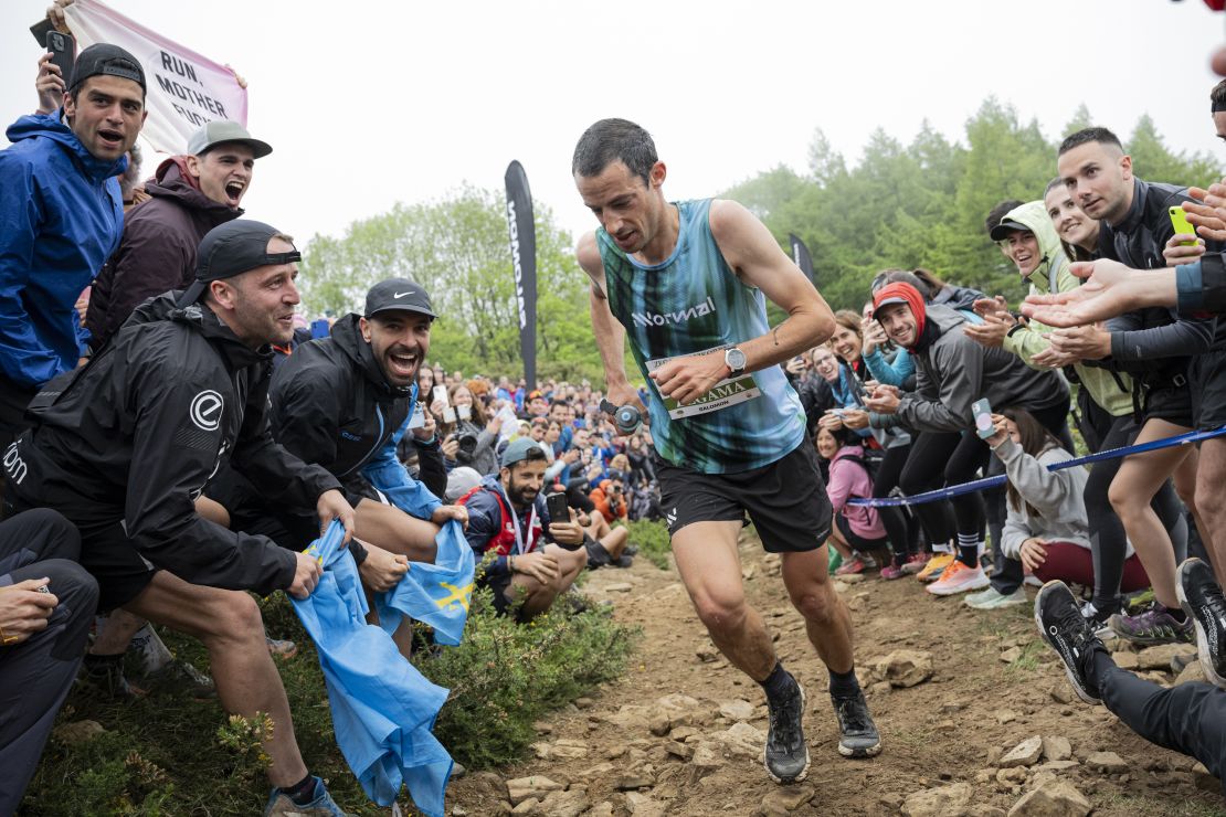 ZEGAMA, SPAIN - MAY 26: Runner Kilian Jornet competes on the slopes of Sancti Spiritu during the 23rd Zegama-Aizkorri Mendi Maratoia Golden Trail World Series mountain race on May 26, 2024 in Zegama, Spain. (Photo by Gari Garaialde/Getty Images)