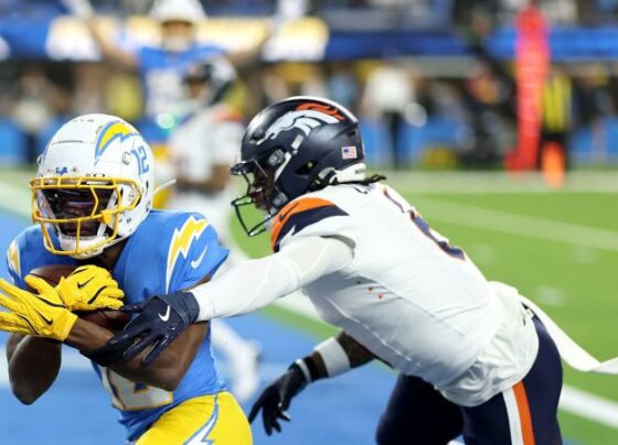 Los Angeles Chargers kicker Cameron Dicker converts a field goal in the first half.