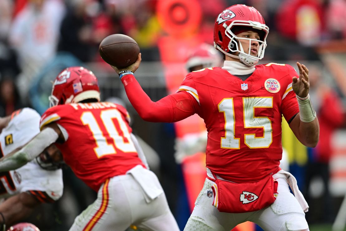 Dec 15, 2024; Cleveland, Ohio, USA; Kansas City Chiefs quarterback Patrick Mahomes (15) throws a pass during the second half against the Cleveland Browns at Huntington Bank Field. Mandatory Credit: Ken Blaze-Imagn Images