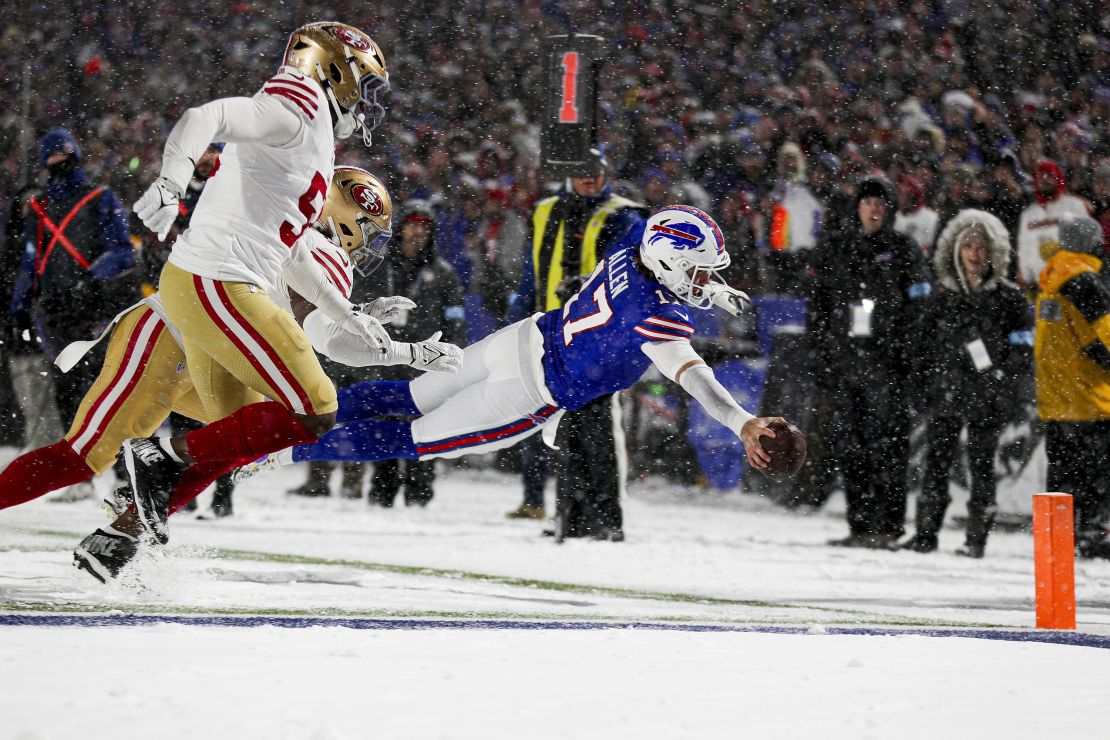 ORCHARD PARK, NEW YORK - DECEMBER 01: Josh Allen #17 of the Buffalo Bills dives for a touchdown in the third quarter of a game against the San Francisco 49ers at Highmark Stadium on December 01, 2024 in Orchard Park, New York. (Photo by Bryan M. Bennett/Getty Images)