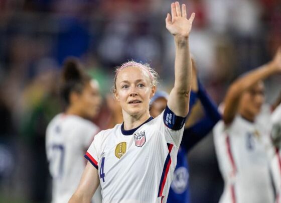 Becky Sauerbrunn and Meghan Klingenberg celebrate following the USWNT's win over Japan at the Women's World Cup in Vancouver on July 5, 2015.