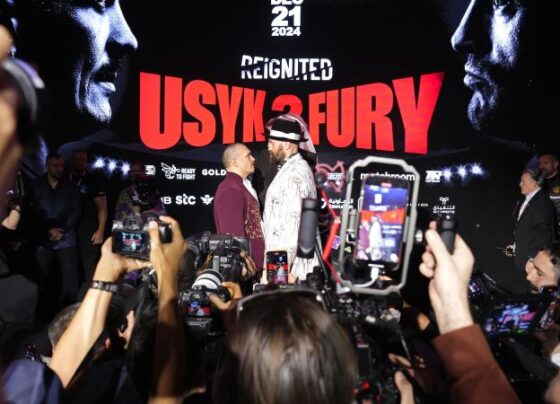 Fury finished the faceoff by shouting at Usyk, as his team attempted to take him off the stage.