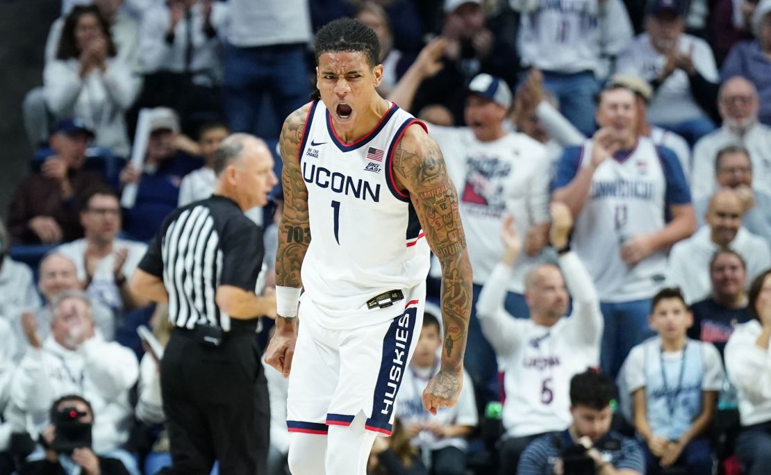 UConn Huskies guard Solo Ball reacts after his basket against the Baylor Bears at the Gampel Pavilion.