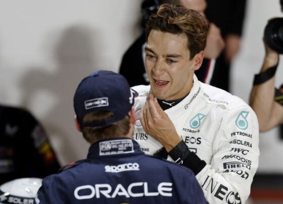 Verstappen speaks during the press conference after winning the race.