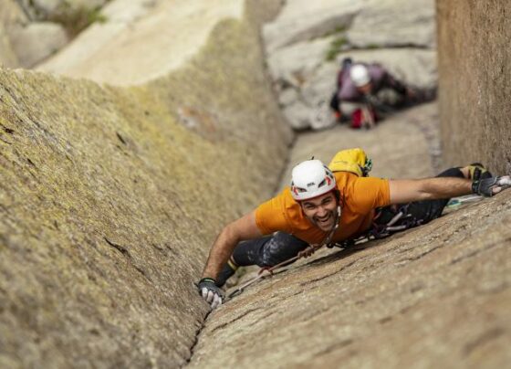 The 500-foot rockface is located on the Devil's Towel in Wyoming.