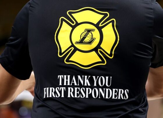 A view of the shoes worn by LeBron James showing support for the LA Fire Department Monday night.