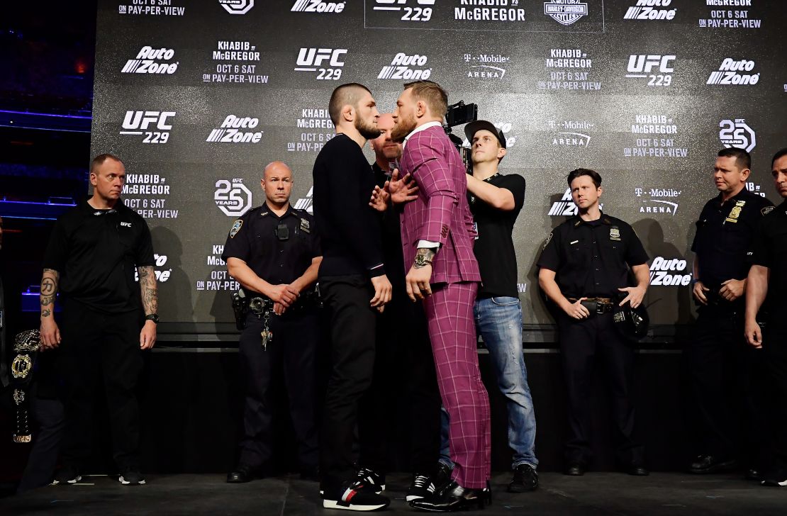 NEW YORK, NY - SEPTEMBER 20:  Lightweight champion Khabib Nurmagomedov faces-off with Conor McGregor during the UFC 229 Press Conference at Radio City Music Hall on September 20, 2018 in New York City.  (Photo by Steven Ryan/Getty Images)