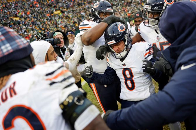 Chicago Bears kicker Cairo Santos is congratulated after making the game-winning field goal against the Green Bay Packers in Green Bay, Wisconsin, on Sunday, January 5. The Bears won 24-22.