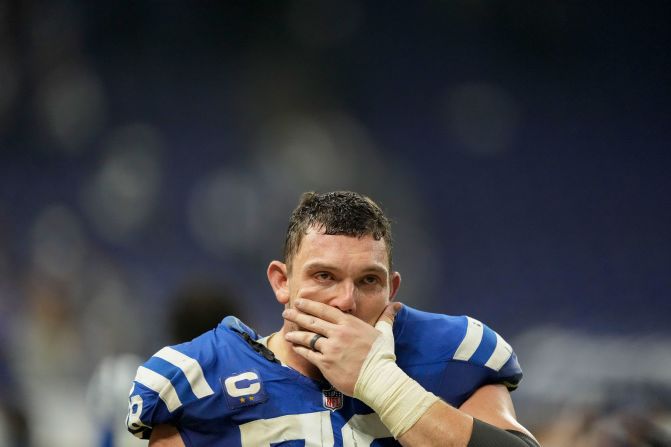 Indianapolis Colts center Ryan Kelly leaves the field after defeating the Jacksonville Jaguars 26-23 in overtime in Indianapolis on January 5.