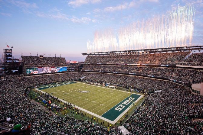 Fireworks explode over Lincoln Financial Field in Philadelphia ahead of the Philadelphia Eagles' game against the Green Bay Packers on January 12.