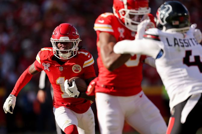 Kansas City Chiefs wide receiver Xavier Worthy carries the ball during a game against the Houston Texans in Kansas City, Missouri, on December 21. The Chiefs won 27-19.