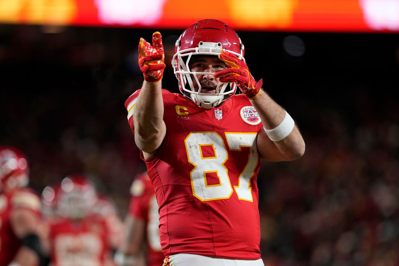 Kansas City Chiefs tight end Travis Kelce celebrates after catching a pass.