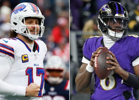 Josh Allen #17 of the Buffalo Bills hands off the ball to teammate James Cook #4 in the third quarter against the Denver Broncos during the AFC Wild Card Playoffs at Highmark Stadium on January 12, 2025 in Orchard Park, New York.