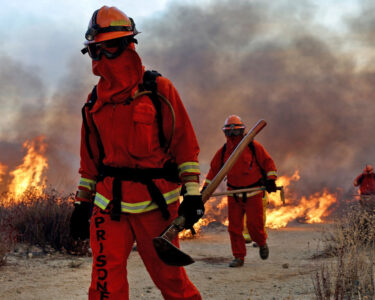 Flames from the Hughes Fires approach Lake Hughes Road in Castaic, Calif., on Jan. 22, 2025.