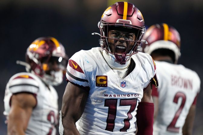 Washington Commanders wide receiver Terry McLaurin celebrates a reception during his team's 45-31 victory over the Detroit Lions in an NFC playoff game in Detroit on January 18. The Commanders advanced to the NFC Championship for the first time since the 1991-92 season.