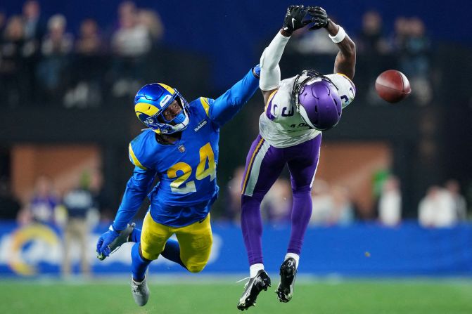 Minnesota Vikings wide receiver Jordan Addison attempts to make a catch against Los Angeles Rams cornerback Darious Williams during the second half of a wild-card game in Glendale, Arizona, on Monday, January 13. The game was moved from SoFi Stadium in Inglewood, California, to State Farm Stadium in Glendale, the home of the Arizona Cardinals, due to the threat of ongoing deadly wildfires in Southern California. The Rams won 27-9<strong> </strong>and will play the Philadelphia Eagles next.” class=”image__dam-img image__dam-img–loading” onload=’this.classList.remove(‘image__dam-img–loading’)’ onerror=”imageLoadError(this)” height=”2000″ width=”3000″ loading=’lazy’/></source></source></source></source></picture>
    </div>
</div>
<div data-uri=