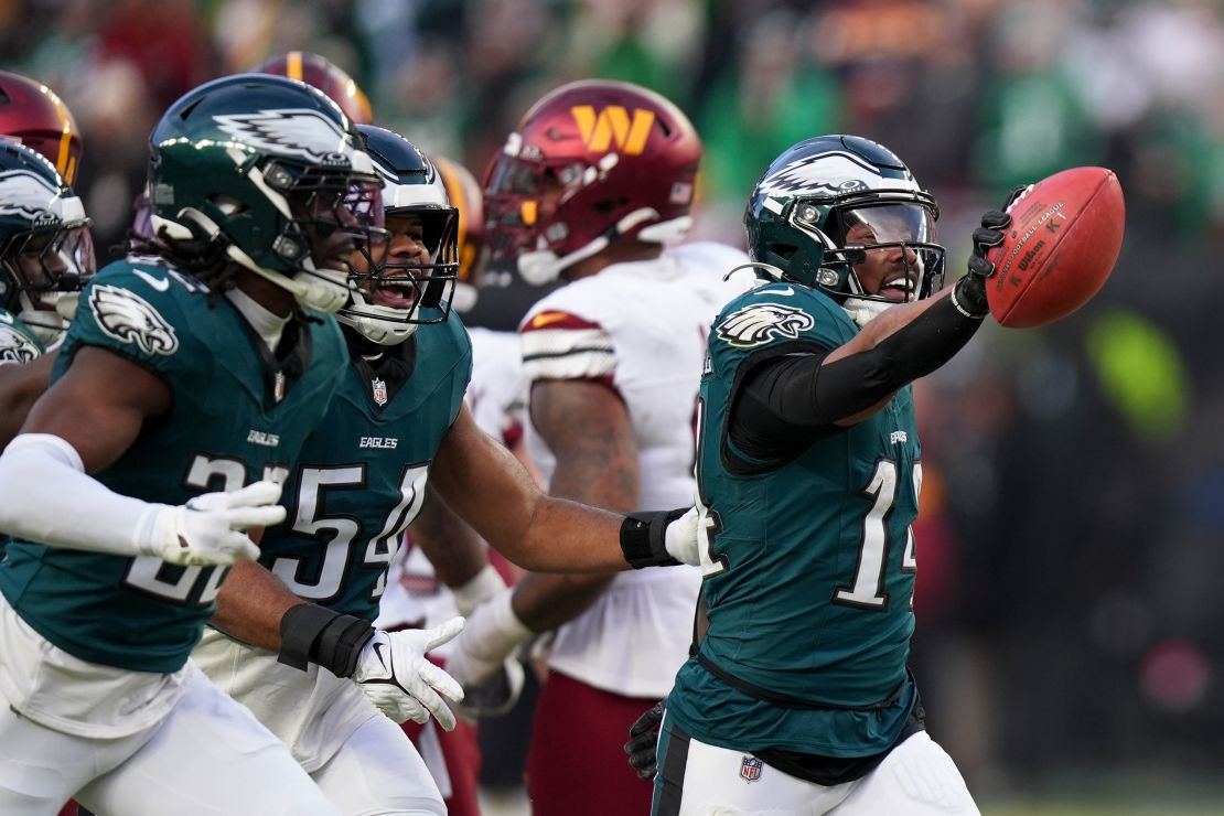 Philadelphia Eagles running back Kenneth Gainwell celebrates after a fumble recovery against the Washington Commanders.