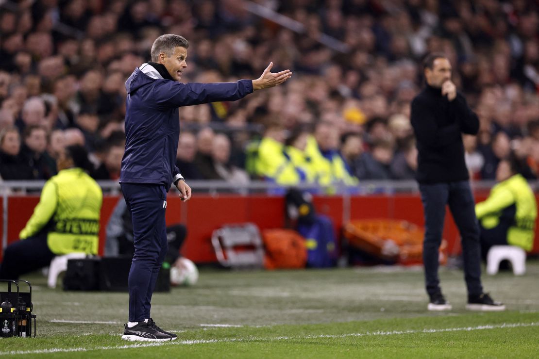 Coach Kjetil Knutsen issues instructions during a Conference League playoff match against Ajax last season.