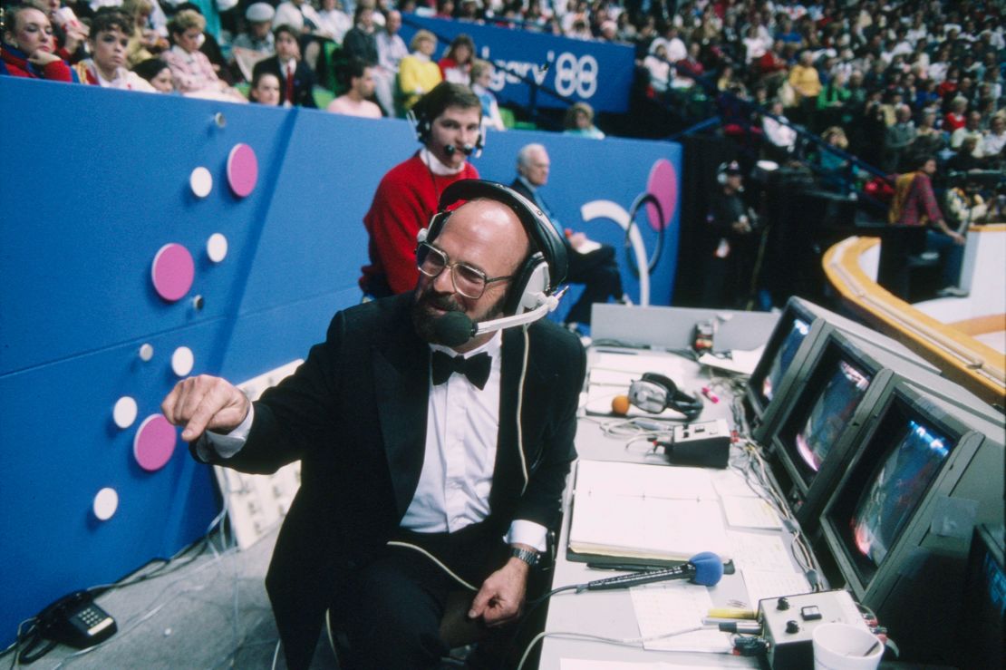 ABC Sports commentator Dick Button delivers candid remarks at the 1988 Winter Olympics.