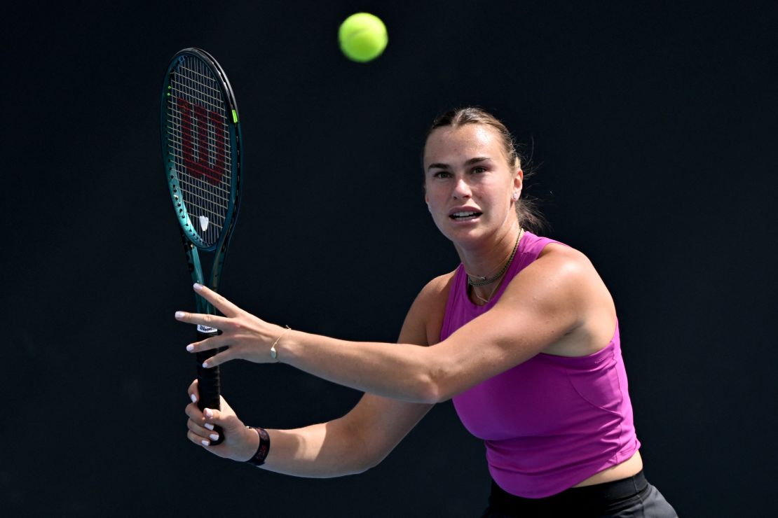 Aryna Sabalenka of Belarus hits a return during a training session ahead of the Australian Open tennis tournament in Melbourne on January 9, 2025. (Photo by William WEST / AFP) / --IMAGE RESTRICTED TO EDITORIAL USE - STRICTLY NO COMMERCIAL USE-- (Photo by WILLIAM WEST/AFP via Getty Images)