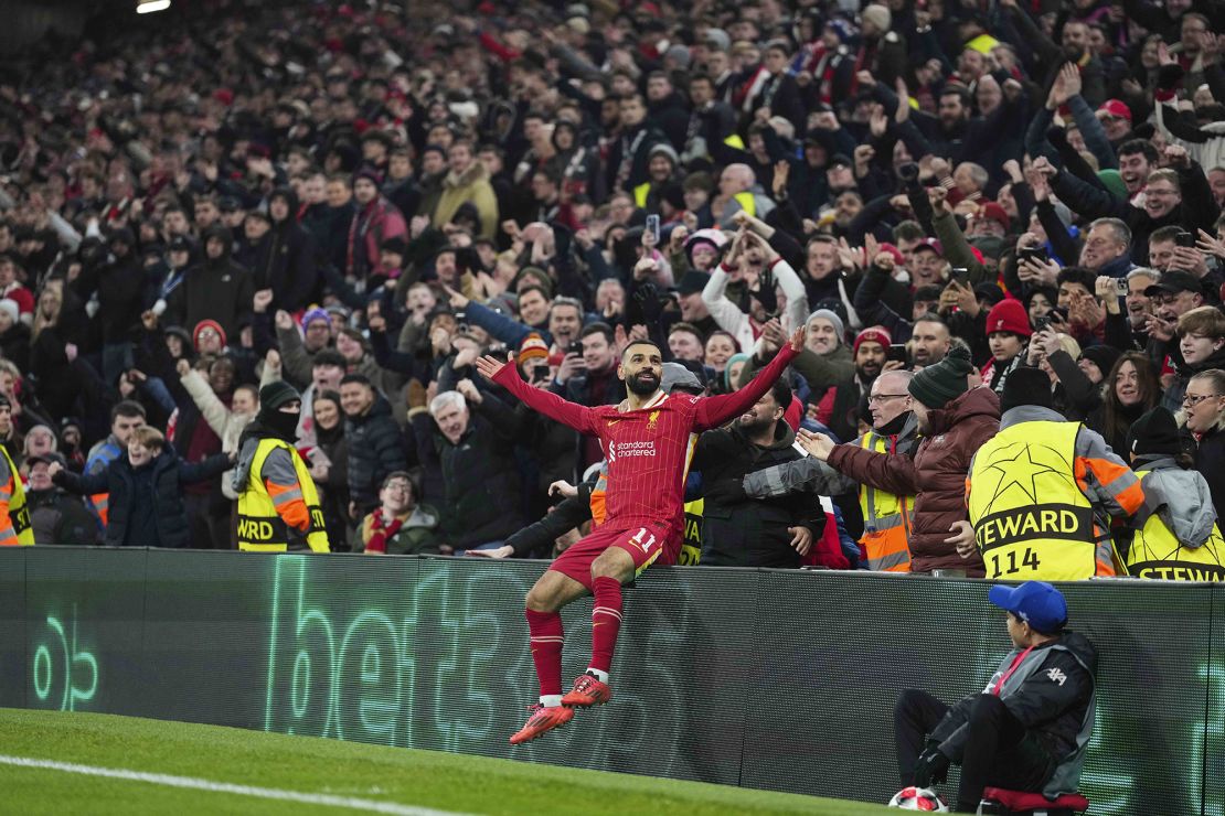 Salah celebrates his 50th European goal for Liverpool.